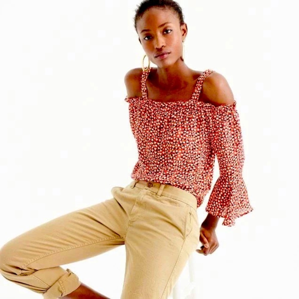 J Crew Silk Cold Shoulder Top Blouse in Heart Print Rustic Rose 0